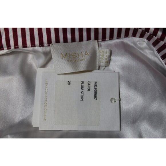 MISHA COLLECTION Sz 4 US Plum Stripe Satin Long Slv Puff Shoulder Wrap Dress NWT - Picture 2 of 7